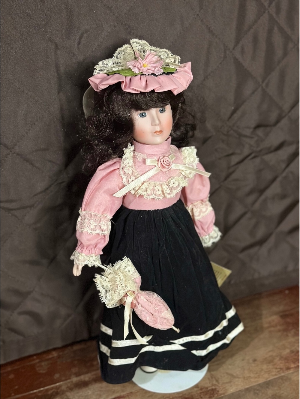 Vintage Premier Dolls Victorian Black Hair Porcelain Doll 15" with Parasol/Stand